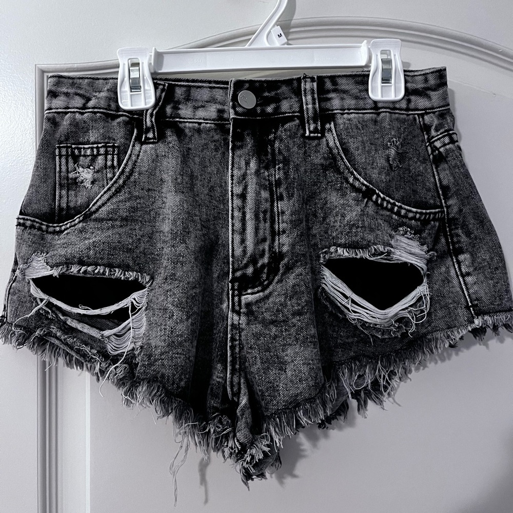 Distressed Black Denim Shorts